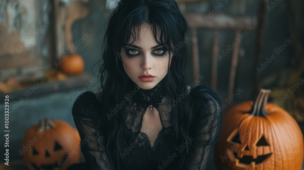 Dark Gothic Halloween Aesthetic with Pumpkins and Mysterious Girl Dark Gothic Halloween Aesthetic with Pumpkins and Mysterious Girl