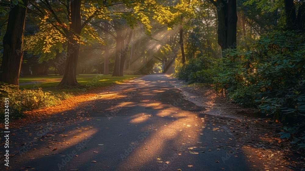 Obraz premium Serene Forest Pathway with Sunlight Streaming Through Trees