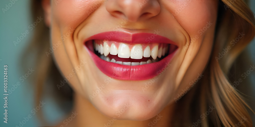 A close-up of a woman's face with bright red lipstick and a wide, toothy smile