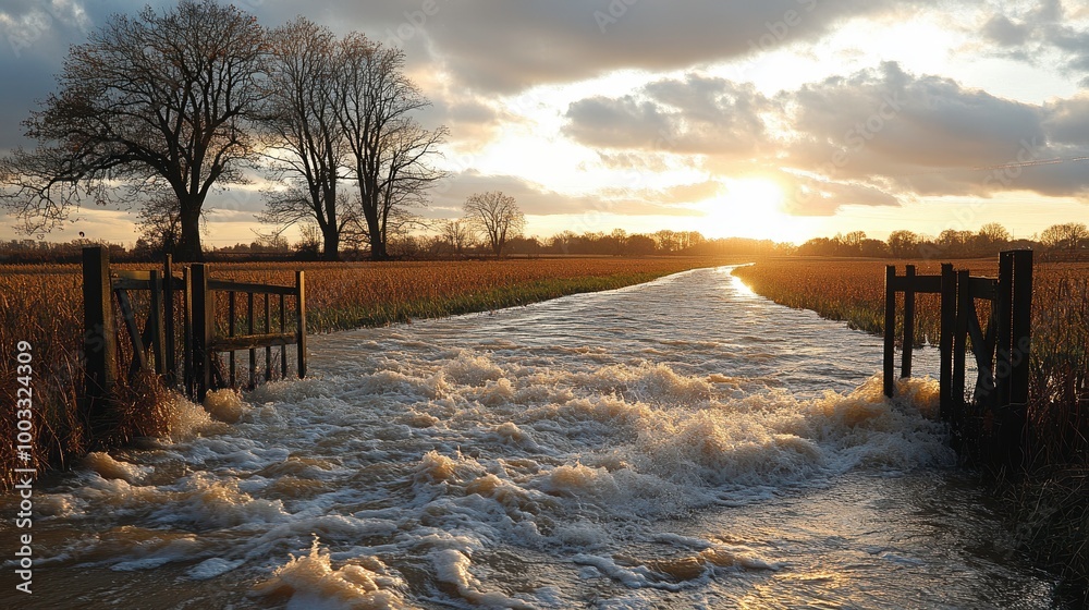 Water violently rushing through farmland, turning fields into temporary rivers as the flood continues, flooded farmland, floodwater force Water violently rushing through farmland, turning fields into temporary rivers as the flood continues, flooded farmland, floodwater force
