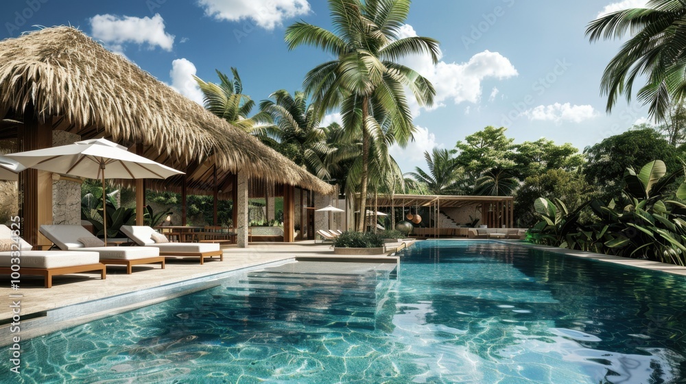 Fototapeta premium Tropical Poolside Retreat in Lush Paradise