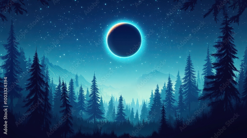 Naklejka premium Majestic Solar Eclipse Over Pine Trees - Gorgeous Vector Illustration in 8K UHD Quality for Astronomy and Nature Enthusiasts