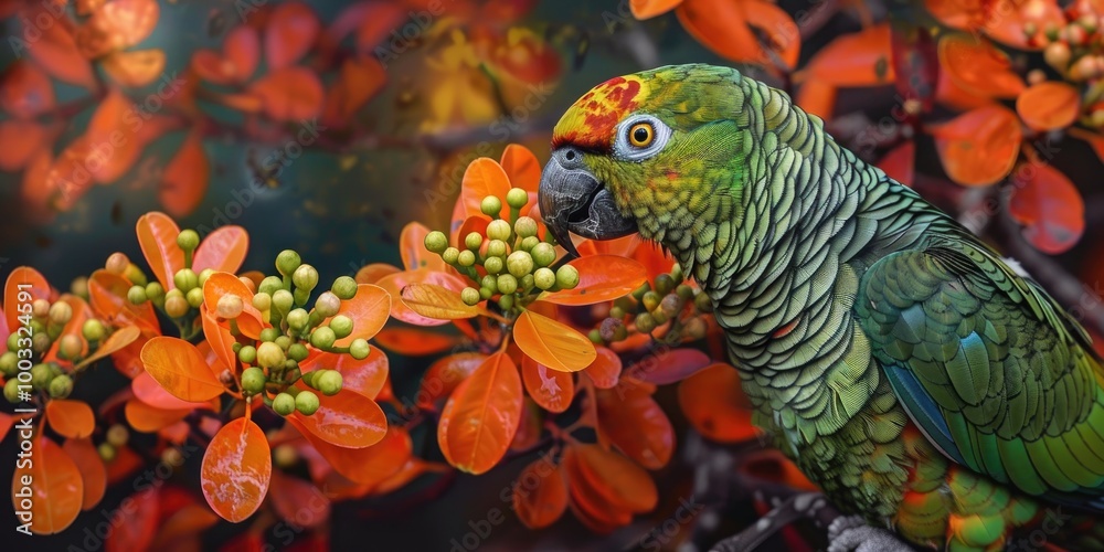 Close-up portrait of a yellow-crowned parrot delighting in orange flowers. Close-up portrait of a yellow-crowned parrot delighting in orange flowers.