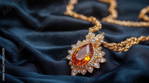 A stunning gold necklace featuring a vibrant orange gemstone, elegantly adorned with sparkling diamonds, resting on a smooth black fabric background.