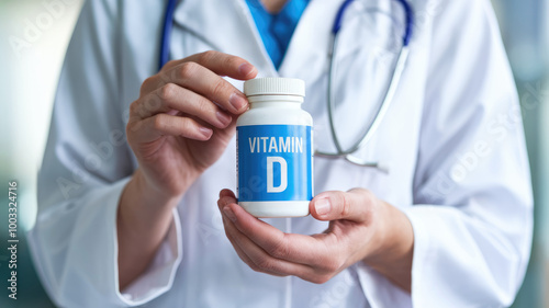 A doctor holding a bottle of vitamin D. The bottle is blue and white. The doctor is wearing a white lab coat