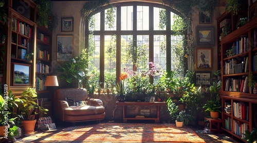 Cozy Living Room with Sunlit Window and Greenery