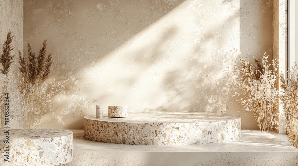 Elegant Stone Product Podium Mockup in Minimal Scene for Cosmetics Showcases - 3D Rendering in Pastel Cream and Beige Tones with Soft Lighting and Detailed Textures for High-End Marketing Displays