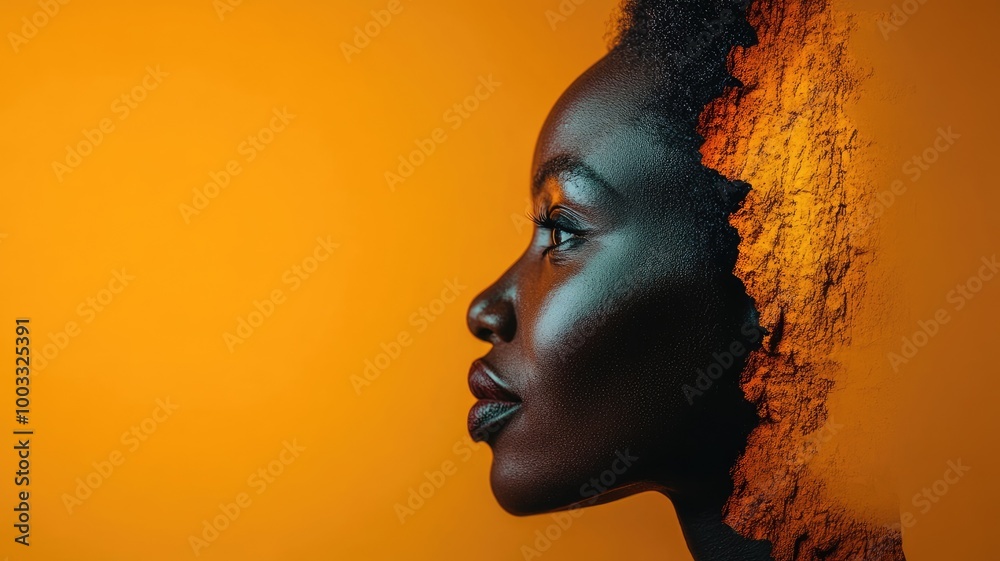 Artistic side profile of woman with Afro-textured hairstyle, blending abstract background Artistic side profile of woman with Afro-textured hairstyle, blending abstract background