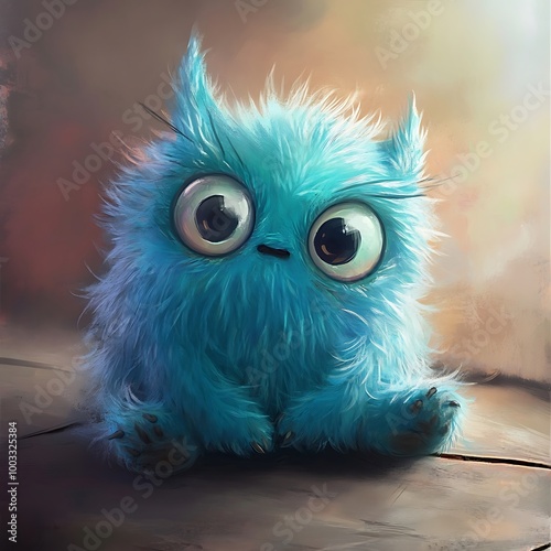 Endearing blue fluffy creature with large orange eyes and tiny feet image