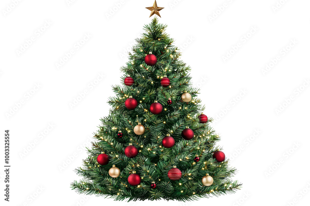 Festive Christmas tree adorned with red and gold ornaments, shimmering lights, isolated on a white background. isolated on transparent background. Festive Christmas tree adorned with red and gold ornaments, shimmering lights, isolated on a white background. isolated on transparent background.