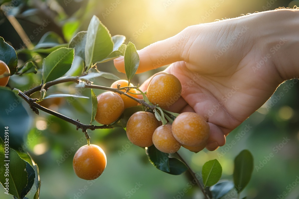 Hand Picking Ripe Yellow Plum Fruit on Branch Hand Picking Ripe Yellow Plum Fruit on Branch