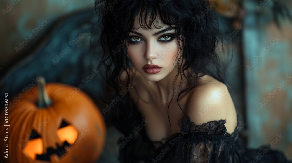 Dark Gothic Halloween Aesthetic with Pumpkins and Mysterious Girl Dark Gothic Halloween Aesthetic with Pumpkins and Mysterious Girl