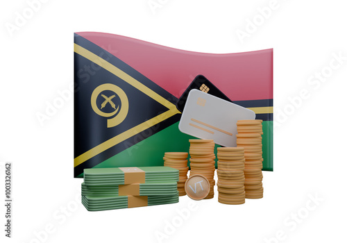 3D render illustration of Vanuatu flag and currency called Vatu photo