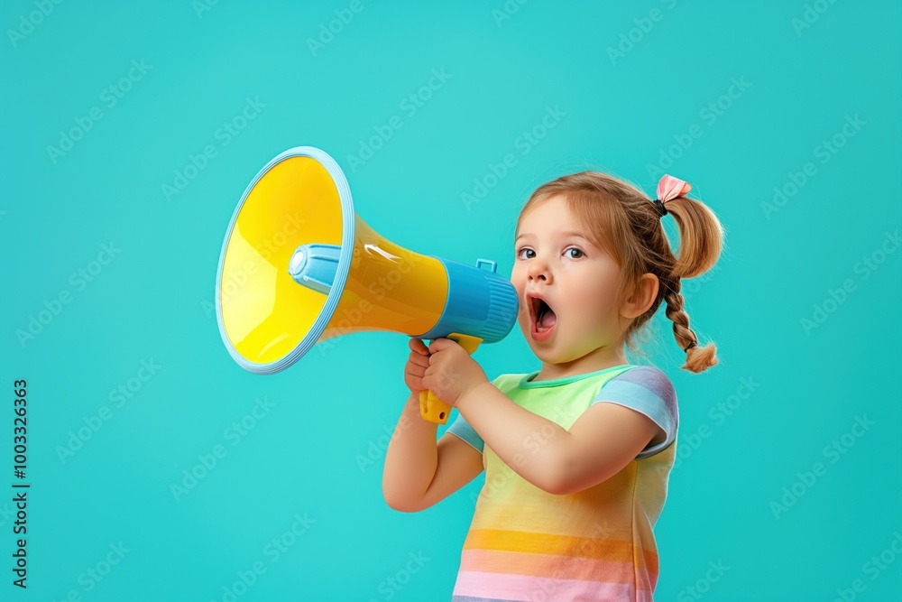 Little caucasian girl holds megaphone on colorful background. Wears casual clothes, emotional expression, pointing with finger. Voice loud, clear, announcing something important. Cute, confident Little caucasian girl holds megaphone on colorful background. Wears casual clothes, emotional expression, pointing with finger. Voice loud, clear, announcing something important. Cute, confident