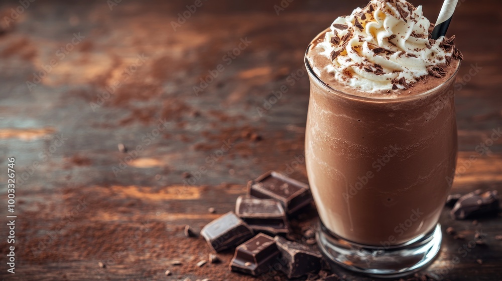 Creamy chocolate milkshake with whipped cream and bits Creamy chocolate milkshake with whipped cream and bits