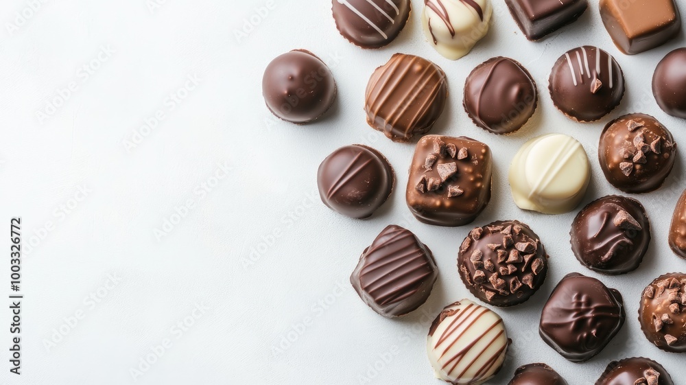 Assorted chocolates in various shapes and flavors arranged on white surface Assorted chocolates in various shapes and flavors arranged on white surface