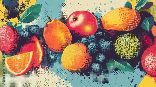 Retro Grunge Fruits Collage - Photocopy Effects & Stippling Vector Illustration in 8K UHD Quality photo