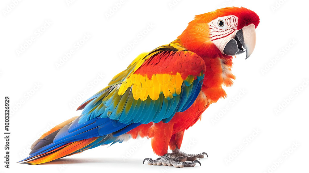 Obraz premium Colorful macaw parrot standing against white background 