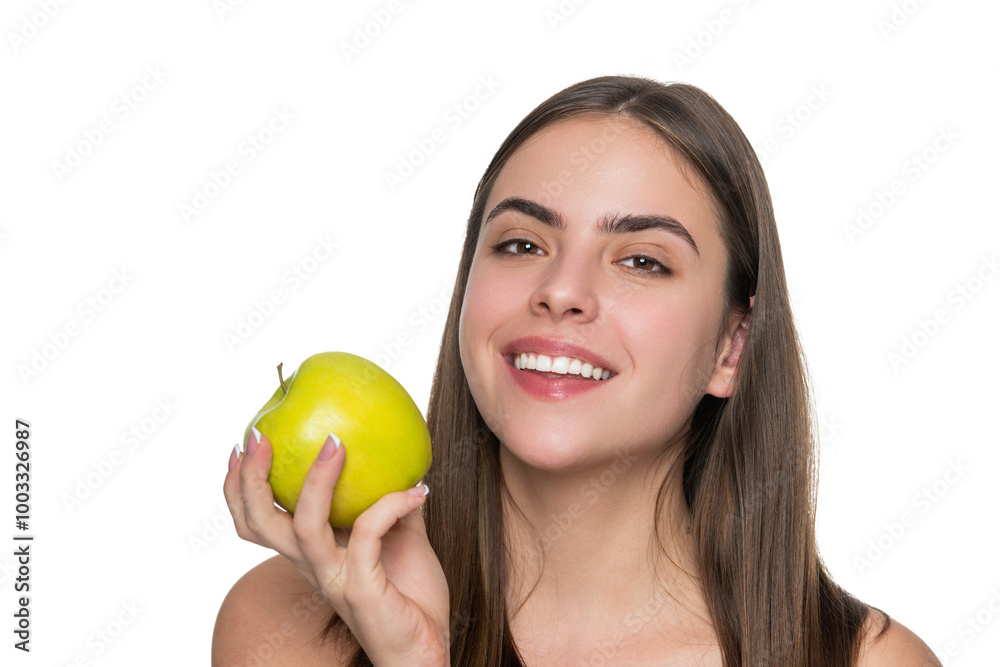 Apple organic fruit. Eat healthy. Healthy apple fruit for natural vitamin. Dieting and healthy lifestyle. Woman with healthy teeth hold apple isolated on white. Skin detox of woman. Vitamin C Apple organic fruit. Eat healthy. Healthy apple fruit for natural vitamin. Dieting and healthy lifestyle. Woman with healthy teeth hold apple isolated on white. Skin detox of woman. Vitamin C
