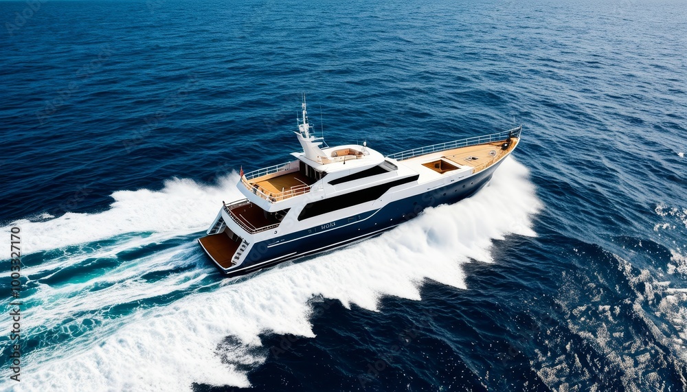 Fototapeta premium The Ship Leaves a Wake at Sea with Waves Splashing Behind