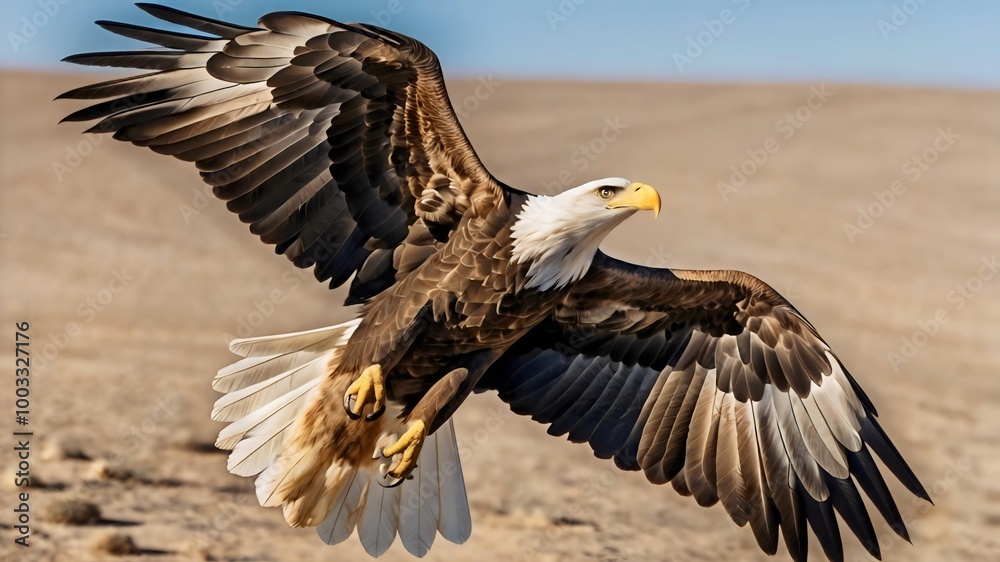 Fototapeta premium Majestic Eagle Soaring Over Desert Landscape Powerful Wings Predator