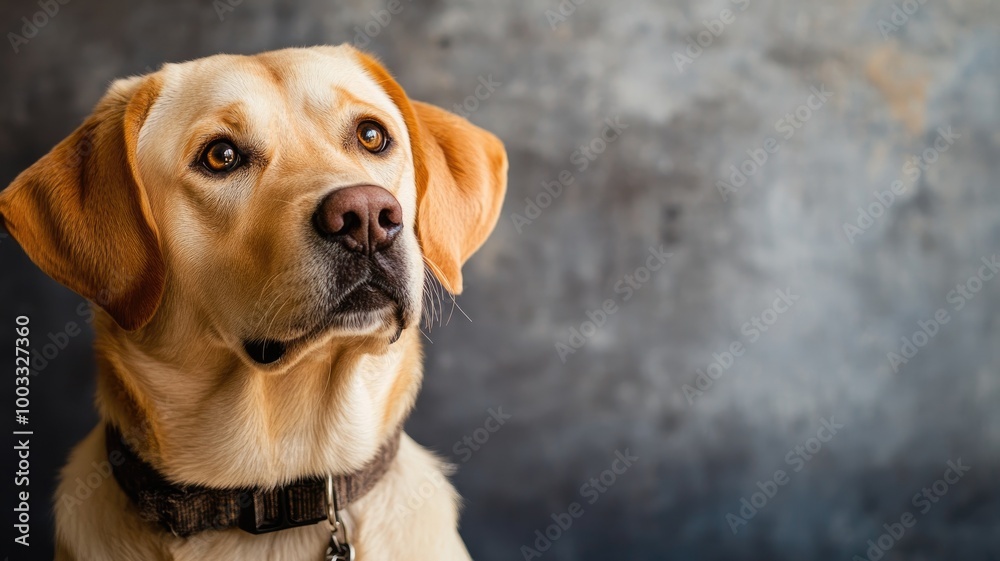 Golden retriever staring attentively, gray textured background