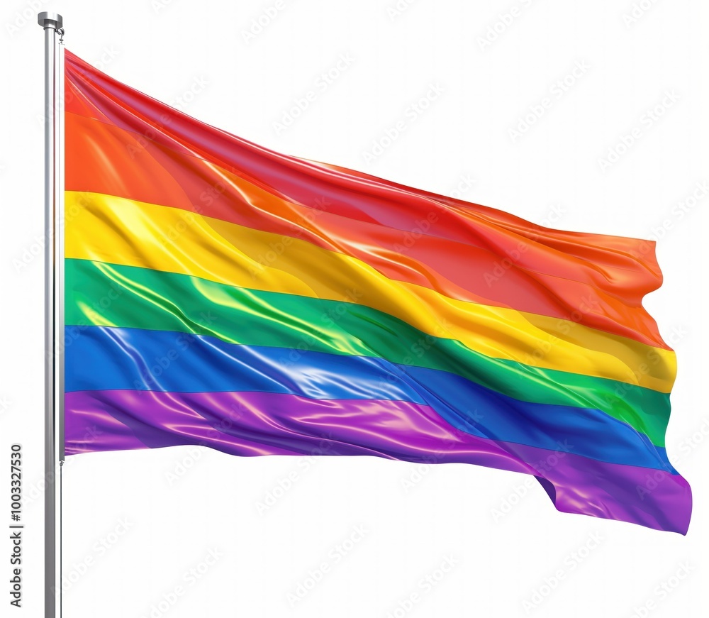 Fototapeta premium Rainbow LGBT flag isolated on white background. Vibrant colors symbolize freedom, equality, and love. The flag represents unity and support for diverse communities.