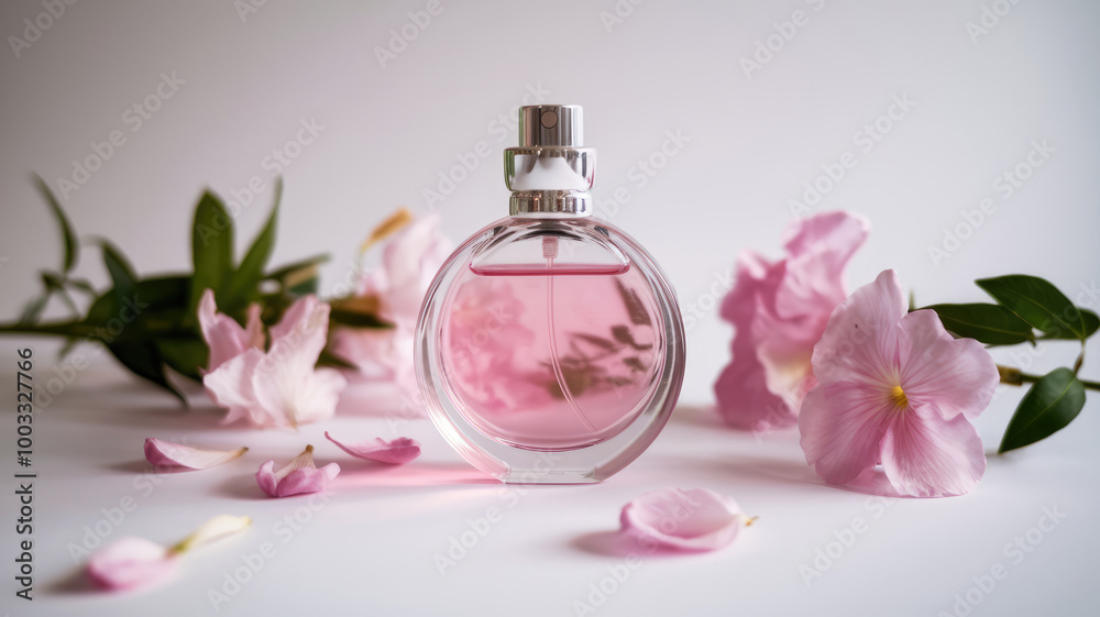 A bottle of perfume is on a table with pink flowers. The bottle is pink and has a white cap A bottle of perfume is on a table with pink flowers. The bottle is pink and has a white cap