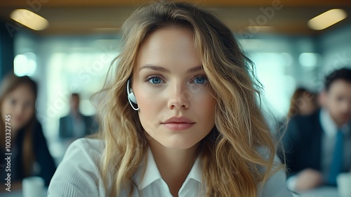 A focused businesswoman wears her headset, immersed in office work.