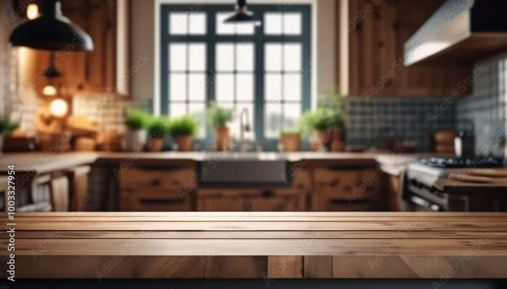 Wooden table and rustic kitchen in the background, ai