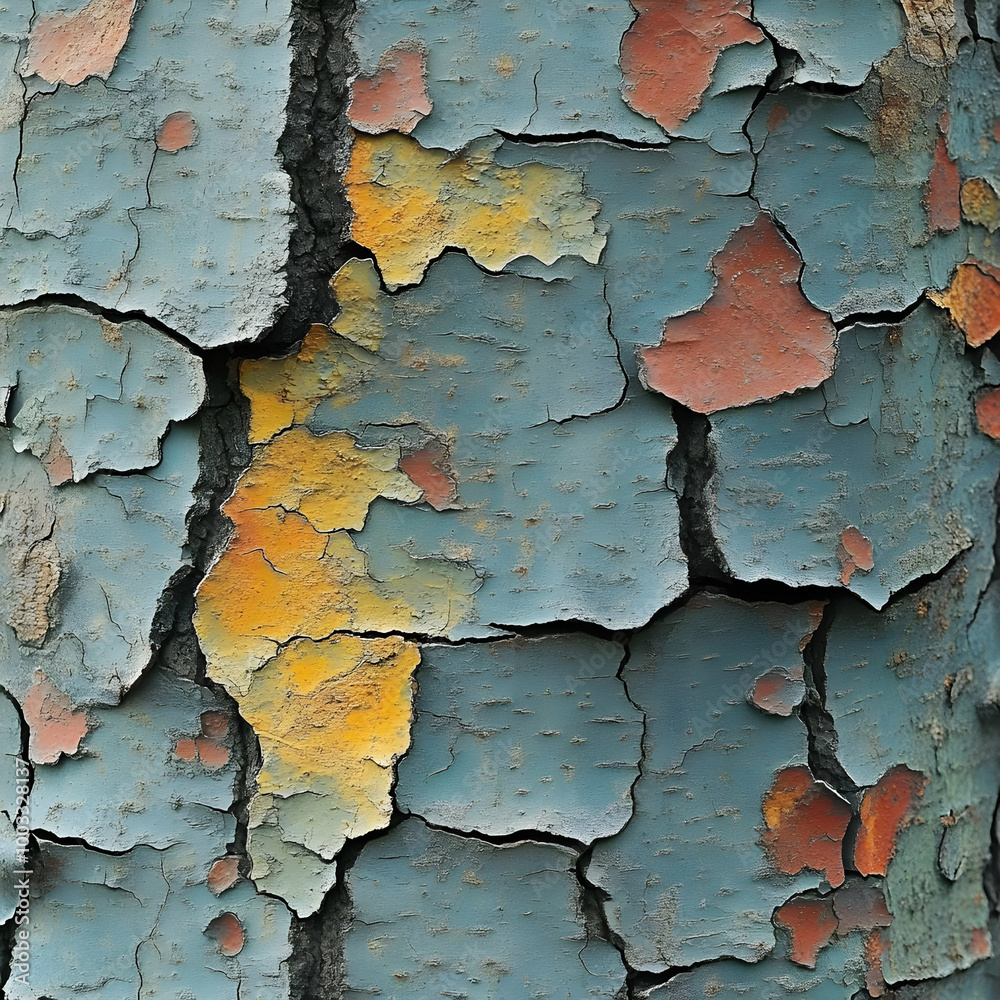 Cracked Blue, Yellow, and Orange Paint on a Tree Trunk - Realistic Image Cracked Blue, Yellow, and Orange Paint on a Tree Trunk - Realistic Image