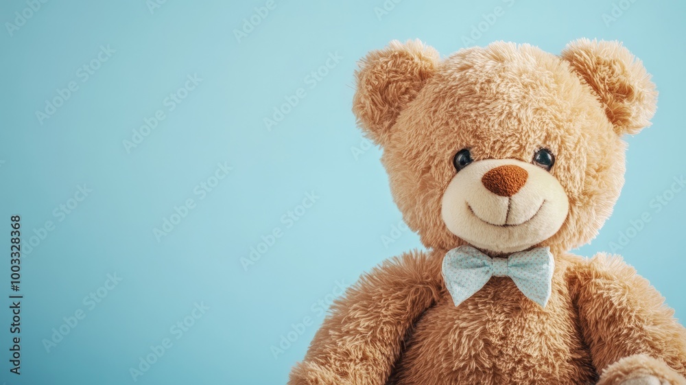 Fototapeta premium Cute, brown bear with blue bow tie against background