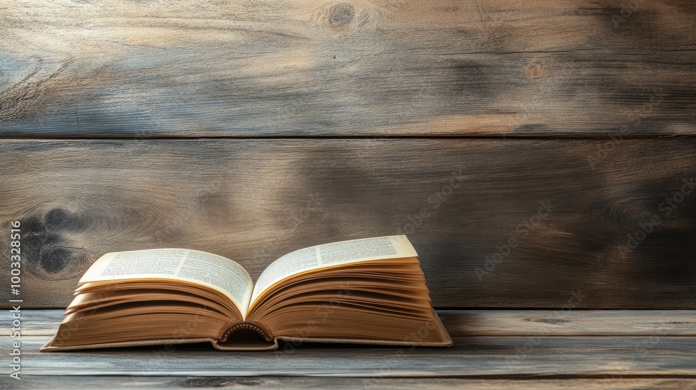 Open book rests on rustic wooden surface Open book rests on rustic wooden surface