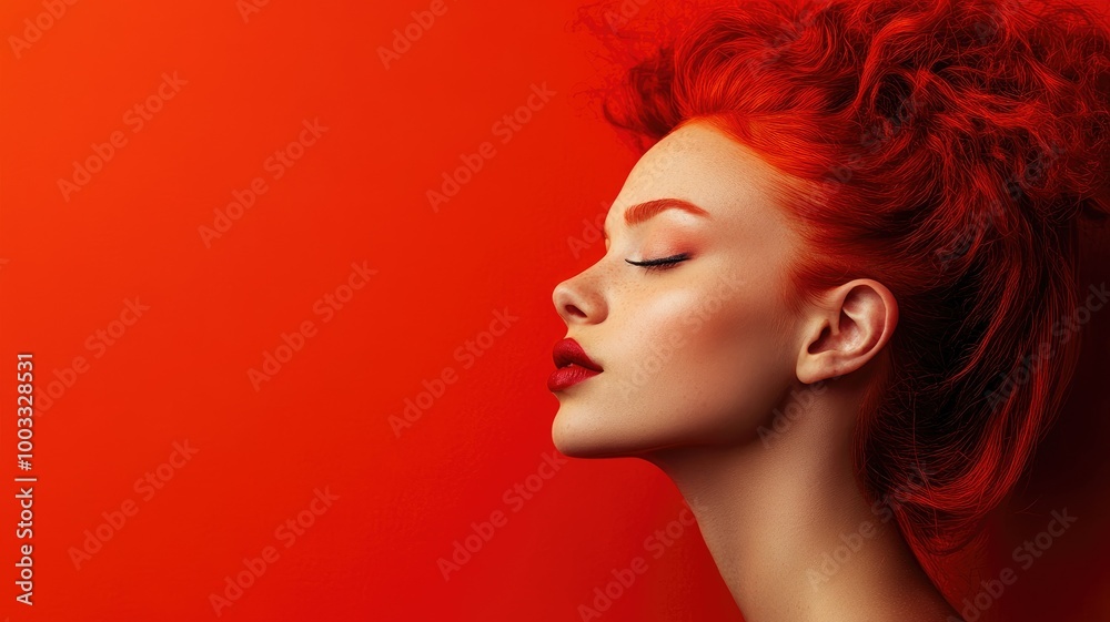 Red-haired woman with closed eyes against vibrant red background Elegant and serene pose Red-haired woman with closed eyes against vibrant red background Elegant and serene pose
