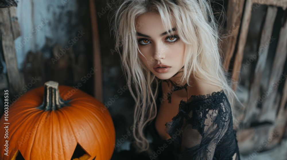 Dark Gothic Halloween Aesthetic with Pumpkins and Mysterious Girl Dark Gothic Halloween Aesthetic with Pumpkins and Mysterious Girl