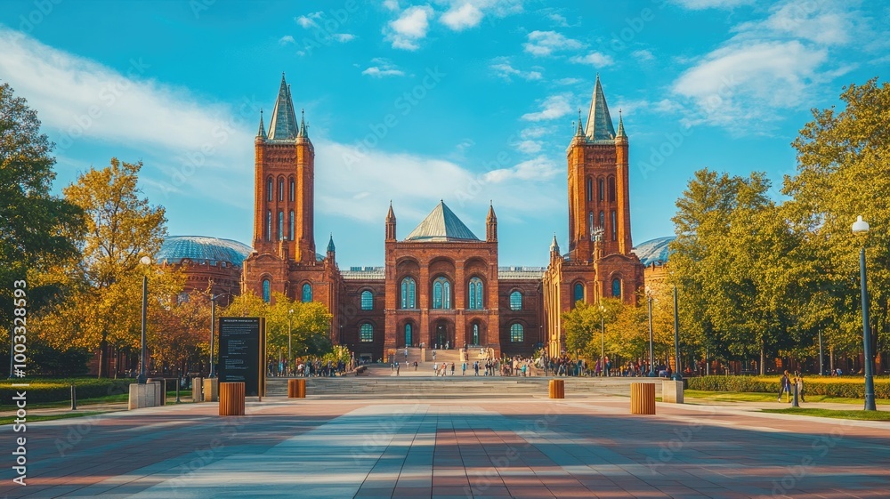 Fototapeta premium Historic red-brick building with twin towers under bright sky