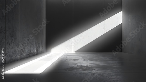 A beam of light cuts sharply through a concrete room, creating a striking, minimalist design.