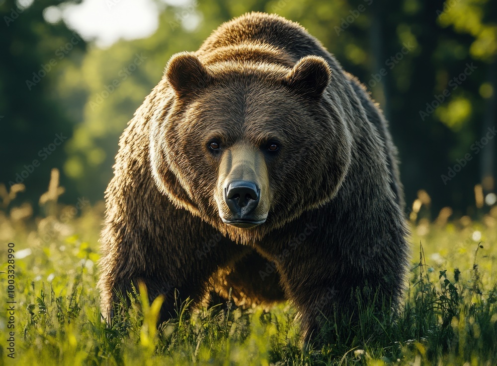 A realistic gray bear with a large belly walks through a grassy field in a serene natural environment during daylight A realistic gray bear with a large belly walks through a grassy field in a serene natural environment during daylight