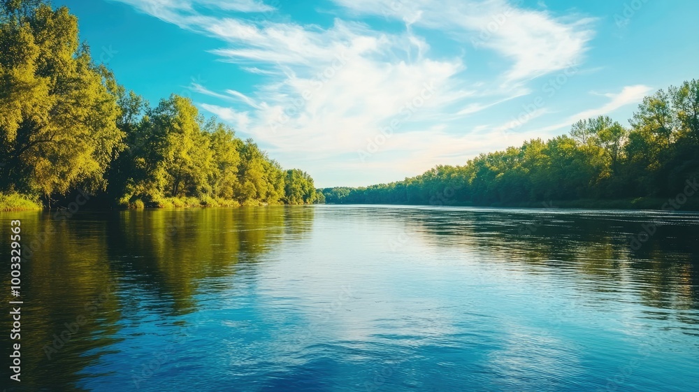 Fototapeta premium Scenic river surrounded by dense forest under vibrant blue sky