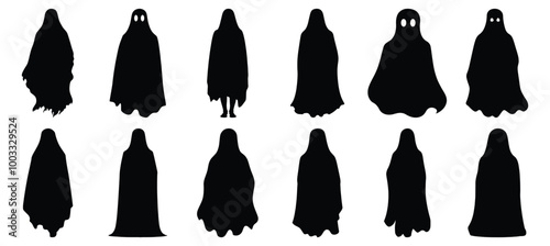 Ghost silhouettes set, horror pack of vector silhouette design, isolated background.