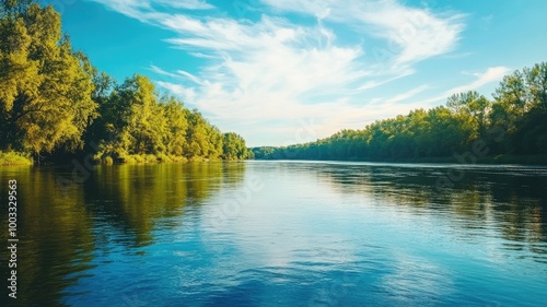 Scenic river surrounded by dense forest under vibrant blue sky
