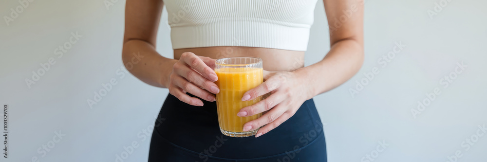 A woman is holding a glass of orange juice. She is wearing a white tank top A woman is holding a glass of orange juice. She is wearing a white tank top