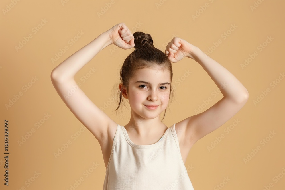 Fototapeta premium Cute teenage girl with developed muscles posing on beige background. She looks confident, cheerful. Her facial expression conveys sense of joy, happiness. Suitable for lifestyle, fashion content.