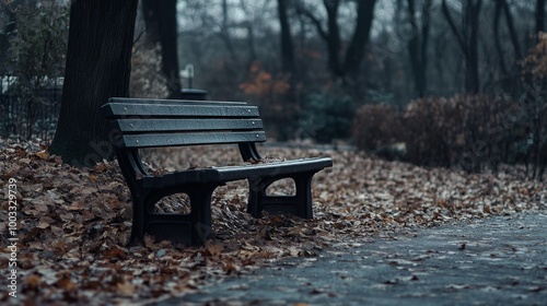 A solitary park bench sits quietly in a serene setting, engulfed by a carpet of fallen autumn leaves, under bare trees in a tranquil, slightly gloomy atmosphere.