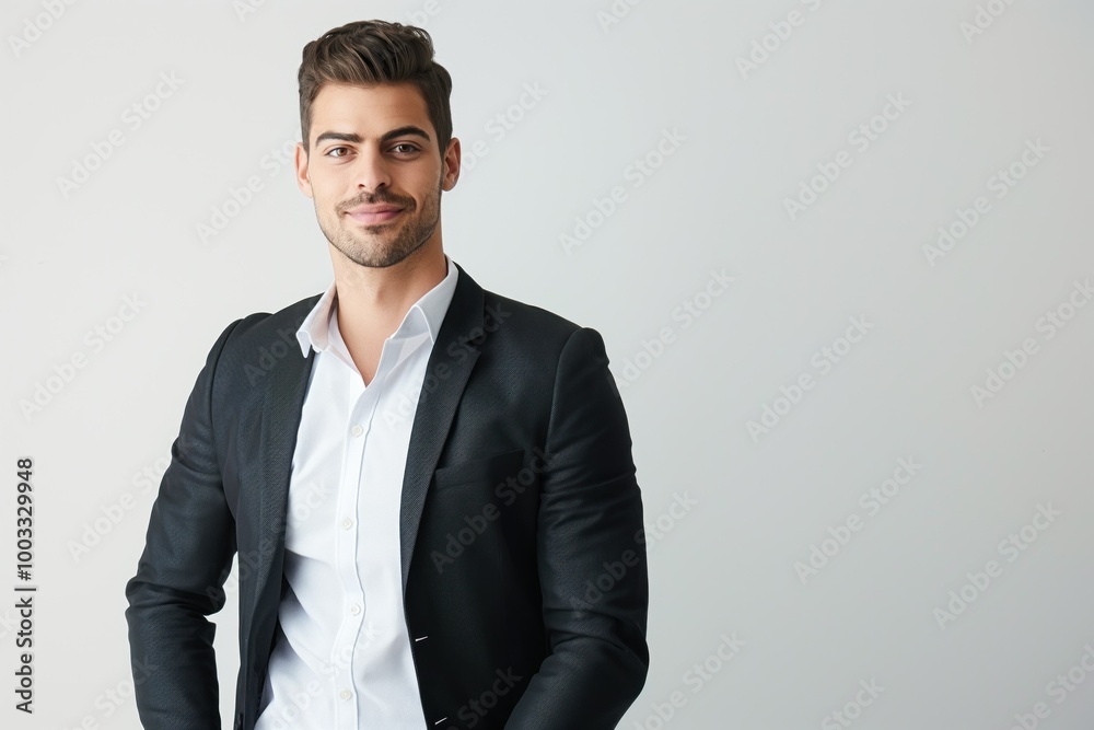 Fototapeta premium Handsome caucasian businessman in formal attire on white background. He looks confident and happy. The businessman wears a stylish shirt and a smile. He is a successful pro in a corporate setting.