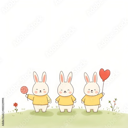 Three cute baby bunny brothers holding balloons background. Generative ai