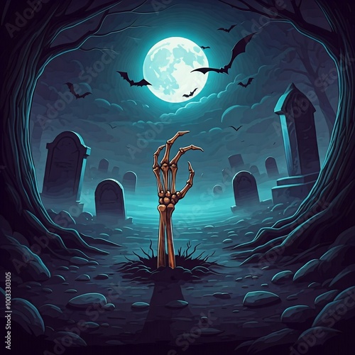 Spooky Cemetery Scene with a Skeleton Rising from the Grave