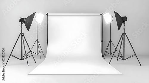 A photography studio setup is arranged with a white backdrop and professional lighting equipment.