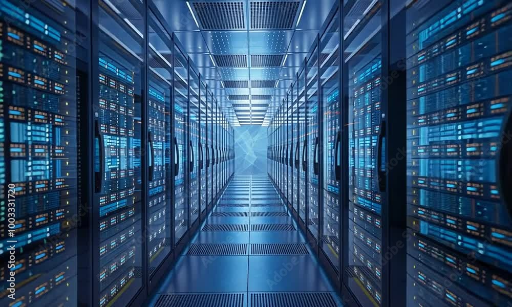 Behind glass panels, data servers in the server room of a data center or Internet service provider facilitate the flow of digital information through the network.