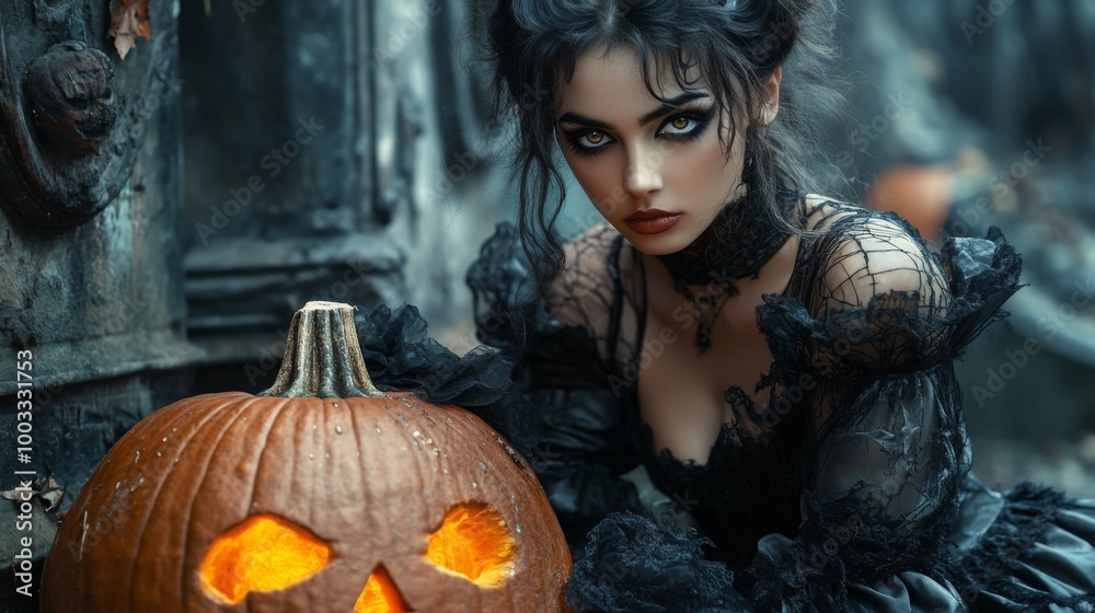 Dark Gothic Halloween Aesthetic with Pumpkins and Mysterious Girl